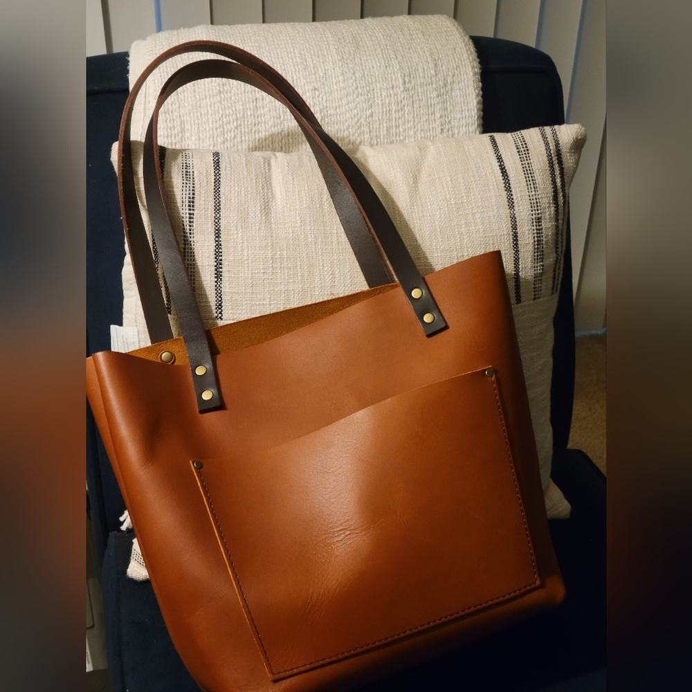 Portland Leather Brown Tote with Dark Handles Medium Size - Picture 1 of 8